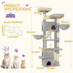 Poste Rascador Grande de 185cm, Torre para Gatos XXL, Árbol para Gato Maine con 7 Niveles y 3 Cuevas, Postes Rascadores, Gris Claro