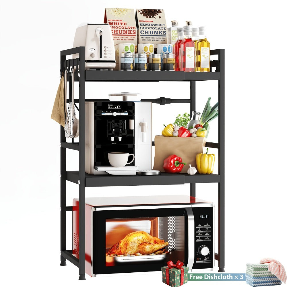 Estante Extensible de 3 Niveles para Microondas, Ancho Ajustable (40cm-64cm), Altura Ajustable, con 6 Ganchos y Soporte para Tabla de Cortar. Estante para Freidora de Aire, Estante para Microondas, Organizador de Cocina, Organizador de Encimera y Estante