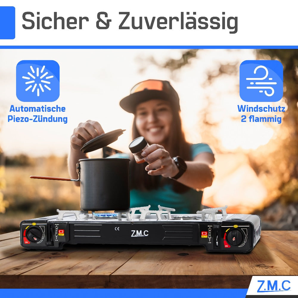 Estufa de Gas para Camping ZMC de 2 Quemadores con Adaptador LPG y Estuche de Almacenamiento – Estufa de Gas Doble con Potencia de 2.5 kW, Encendido Piezoeléctrico, Compatible con Cilindros de Gas Butano de 227g y Botellas de Gas LPG – Estufa de Gas Portá