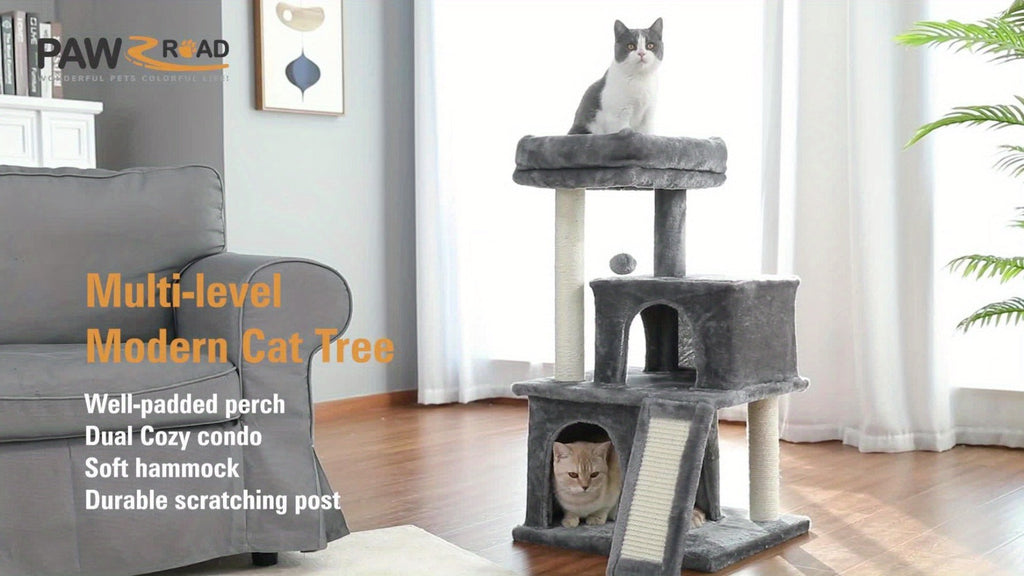 Árbol para Gatos Deluxe Pawz Road con Poste Rascador de Cuerda de Sisal - Condominio Multinivel de Peluche y Casa de Juegos, Muebles Duraderos para Gatos Pequeños a Medianos, Incluye Bolas Colgantes y de Pie, Muebles para Gatos