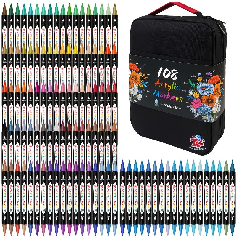 TBC The Best Crafts Plumas de caligrafía de punta doble 48/108, bolsa de lona de primera calidad con diseño de doble cremallera, no tóxicas, inodoras, aptas para papel, cerámica, piedras, vidrio, pintura al aire libre, para uso artístico profesional
