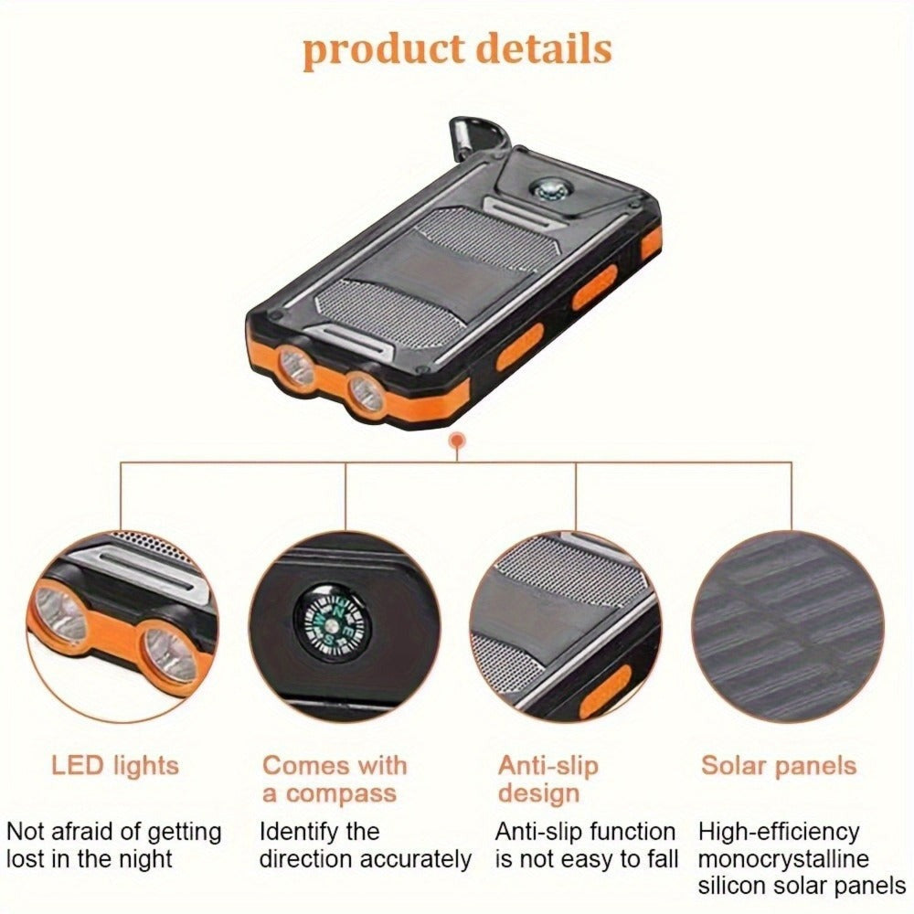 Batería Externa Solar Portátil de 20000Mah, Cargador Solar Portátil para Teléfonos Móviles, Cargador de Batería Externa para Camping para Teléfonos Móviles, 2 USB/ Linternas LED con Brújula para Actividades al Aire Libre