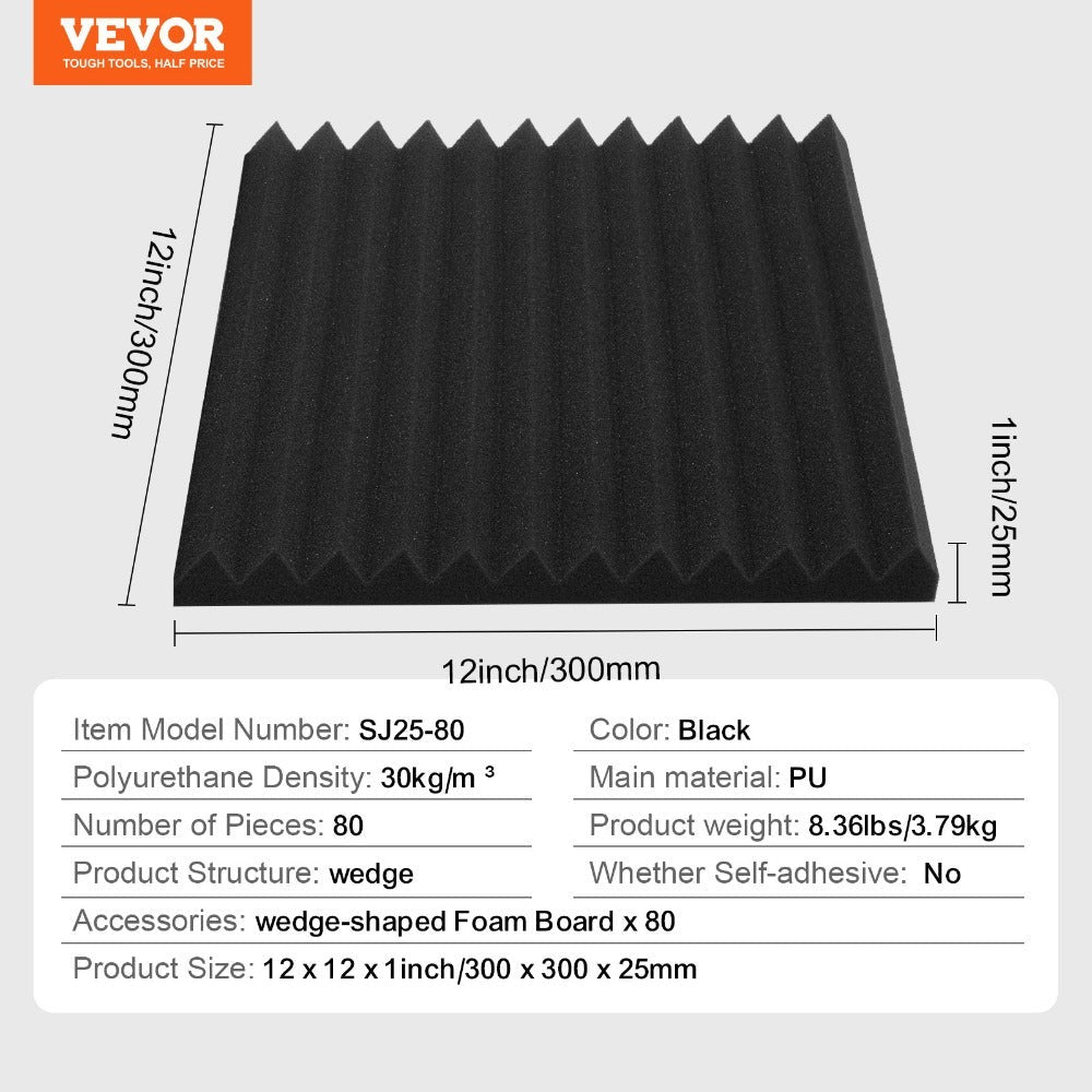 Paneles de Espuma Acústica VEVOR 80 Piezas 12 x 12 x 1 Pulgadas para Paredes y Techos de Estudio