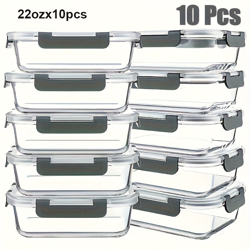 10 Piezas de Recipientes de Vidrio para Almuerzo, con Tapas Herméticas de Alas - Juego de Comidas a Prueba de Fugas, Seguro para Microondas y Lavavajillas, Apto para Congelador, Control de Porciones y Planificación de Comidas, Ideal para Hogar, Oficina y