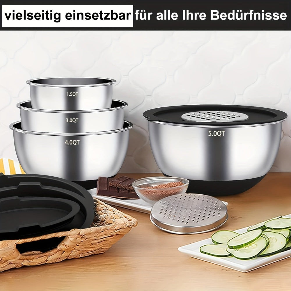 Juego de 21 tazones mezcladores/7 tazones con tapas, tazones para ensalada anidables de acero inoxidable con 3 accesorios de rallador, 7 cucharas medidoras y fondo de silicona antideslizante, tazones de cocina para cocinar, hornear y preparar alimentos, a