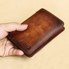 Cartera de Cuero Genuino para Hombre con Juego de Tarjetas de Bendición, Bloqueo RFID, Ultra Delgada, Piel de Vaca de Primera Calidad, Porta Tarjetas de Identificación y Crédito Multifuncional Compacto, Regalo para Navidad, Día de San Valentín y Día del P