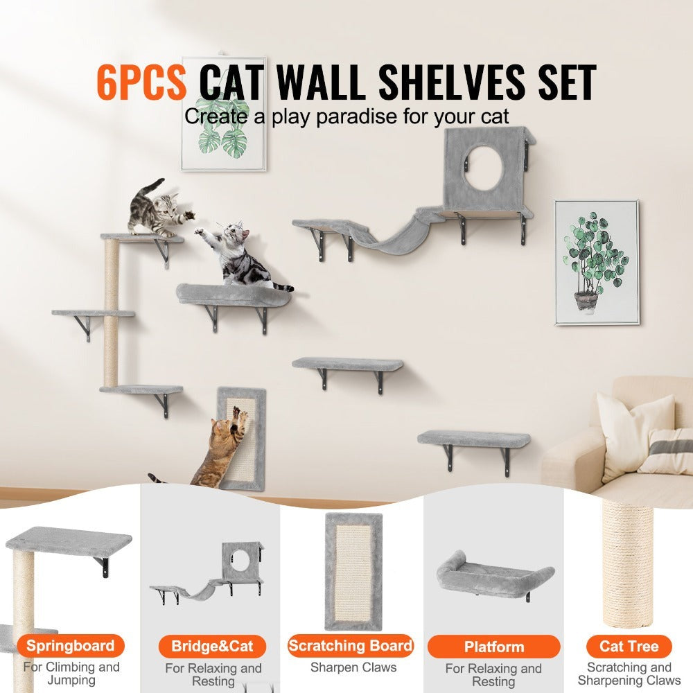 VEVOR Estanterías para gatos montadas en la pared con tableros de salto hamaca sofá conjunto de 6