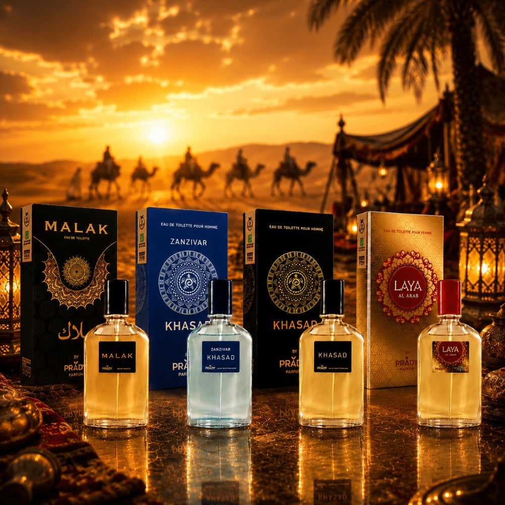 Perfumes Árabes Prady Pack 4 Unidades Hombre y Mujer – Fragancias Orientales Larga Duración MALAK, KHASAD, ZANZIVAR, LAYA – Eau de Toilette Elegante y Sensual