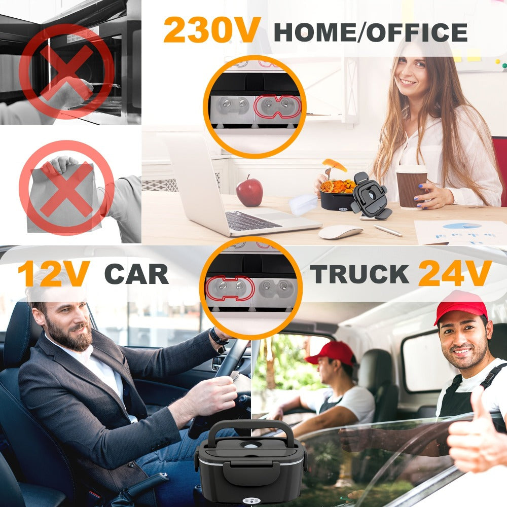 Fiambrera negra con una potencia de 80W, fabricada en acero inoxidable, ideal para empleados de oficina. Incluye un aislante y un juego de utensilios, tiene una capacidad de 1.5 litros y se puede utilizar en camiones y coches para calentar comidas.