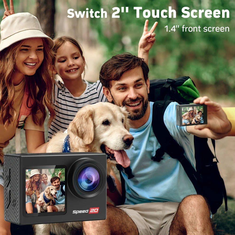 Cámara de Acción 4K HD, con Kit de Accesorios Completo, Pantalla OLED de 1.4 Pulgadas, Estabilización de Imagen Digital, Control de Exposición Automático, Conectividad WiFi, Formato MP4, Lente Ojo de Pez, Enfoque Automático Híbrido, Medición de Peso Centr