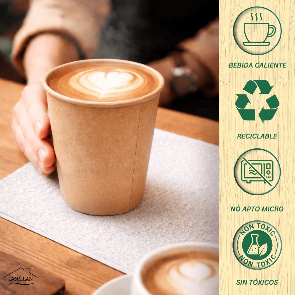 Vasos de Cafe Desechables de Cartón Kraft – Mayor Gramaje y Resistencia al Calor – Ideales para Café para Llevar en Hostelería y Eventos - LAN&LAN