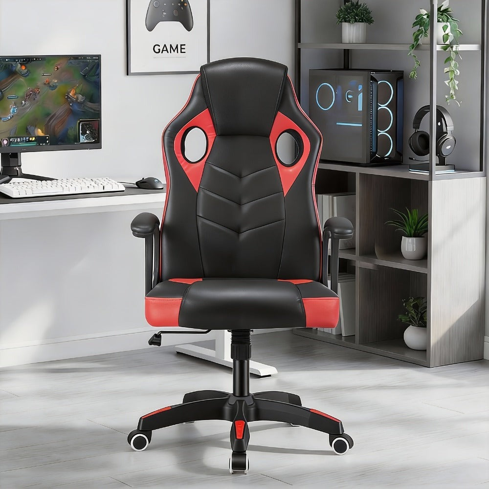 Silla de Oficina, Asiento Ergonómico de Respaldo Alto con Reposabrazos Acolchados y Transpirables, Base Duradera, Soporte Lumbar, Superficie de Cuero Sintético para Juegos, Hogar u Oficina, Silla Gamer