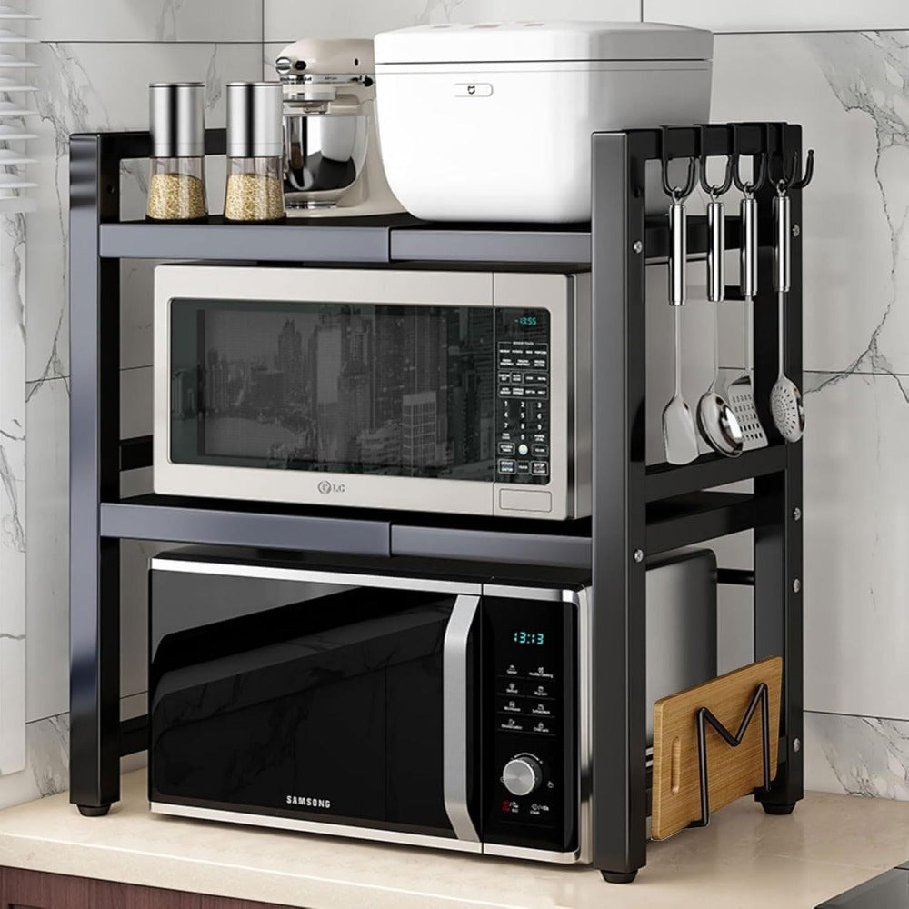 Estante de microondas expandible de 3 niveles, con 4 ganchos, ancho y altura ajustables, organizador de encimera de cocina, estantes de almacenamiento para ollas, sartenes y parrillas, ancho 40-64cm, negro, estante de pie