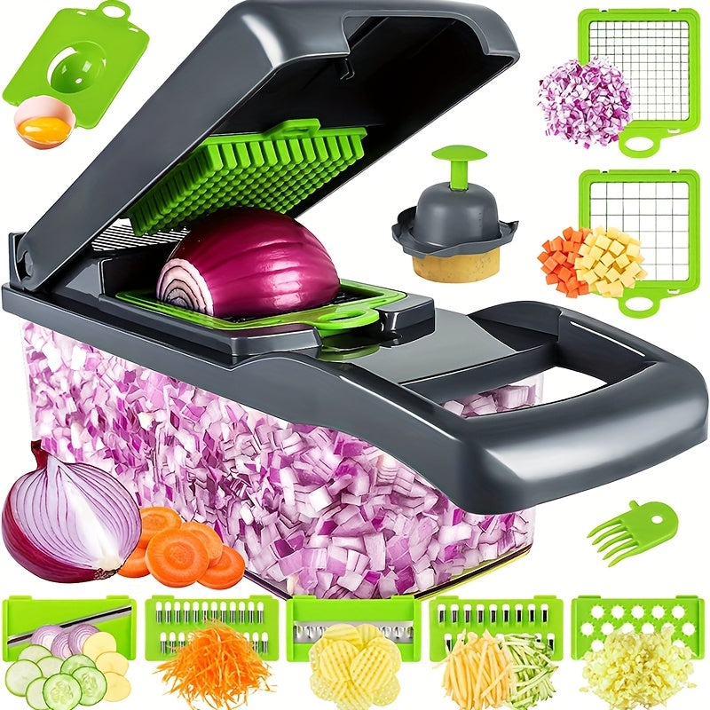 Romeoo Cortador y Picador de Verduras Multiusos 16 en 1 - Procesador de Alimentos Manual con Contenedor, Cesta de Drenaje y Protector de Manos - No Requiere Electricidad, Verde y Negro, Picador de Verduras 16 en 1 para Patatas, Cebollas, Zanahorias, Ajo -