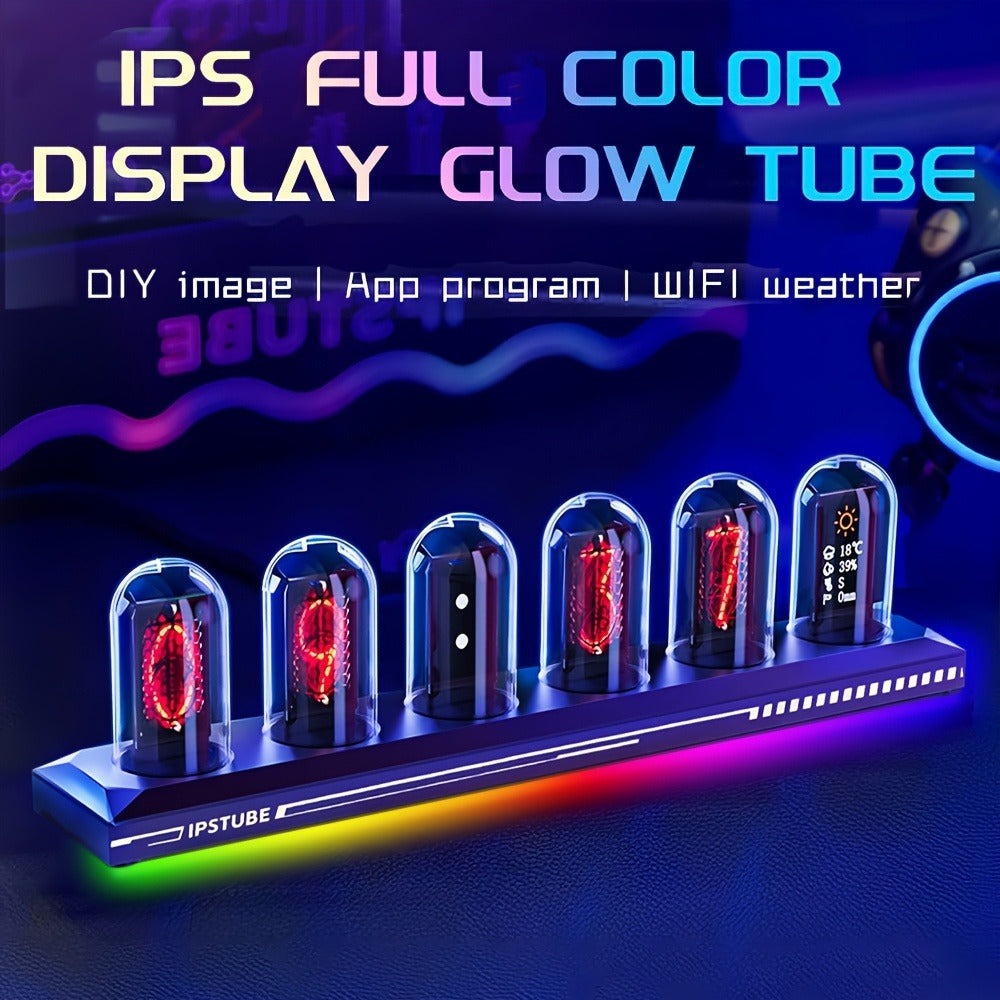 Reloj digital RGB de tubo Nixie con luz de noche y cable USB, reloj analógico IPS que brilla, compatible con calibración de hora Wi-Fi, control por aplicación, modo clima, para decorar escritorio, habitación, para regalo