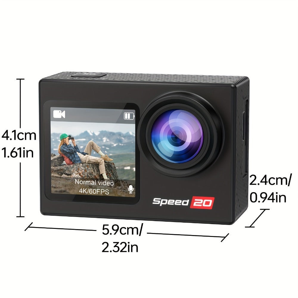 Cámara de Acción 4K HD, con Kit de Accesorios Completo, Pantalla OLED de 1.4 Pulgadas, Estabilización de Imagen Digital, Control de Exposición Automático, Conectividad WiFi, Formato MP4, Lente Ojo de Pez, Enfoque Automático Híbrido, Medición de Peso Centr