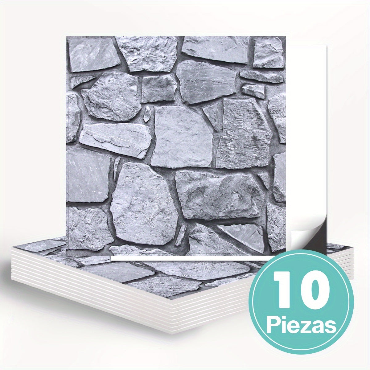 Este paquete incluye diez paneles de pared 3D autoadhesivos con una superficie de PVC tipo piedra, cada uno de 30 por 30 centímetros, diseñados para decorar paredes interiores.