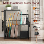 Soporte Multifuncional para Guitarra, Adecuado para Guitarras Acústicas, Guitarras Eléctricas, Bajos, Ukuleles, Banjos, Capacidad para 7 Guitarras, con Soporte para Amplificador de Guitarra, Estante de Almacenamiento para Accesorios de Guitarra y Cubierta