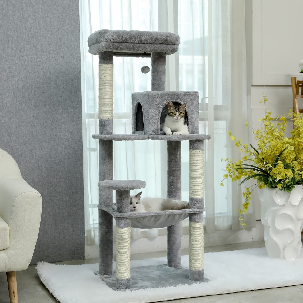Árbol para Gatos de 143 cm de Altura, Torre Multinivel con Hamaca Extra Grande, Postes de Rascado Cubiertos de Sisal, Condominio Acogedor y Plataforma Superior