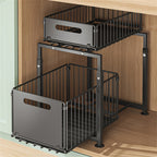 Organizador de 2 niveles para debajo del fregadero, cajones extraíbles, acero al carbono, almacenamiento para cocina y baño, almacenamiento deslizante sin taladrar para cocina, altura ajustable, , gran capacidad de carga