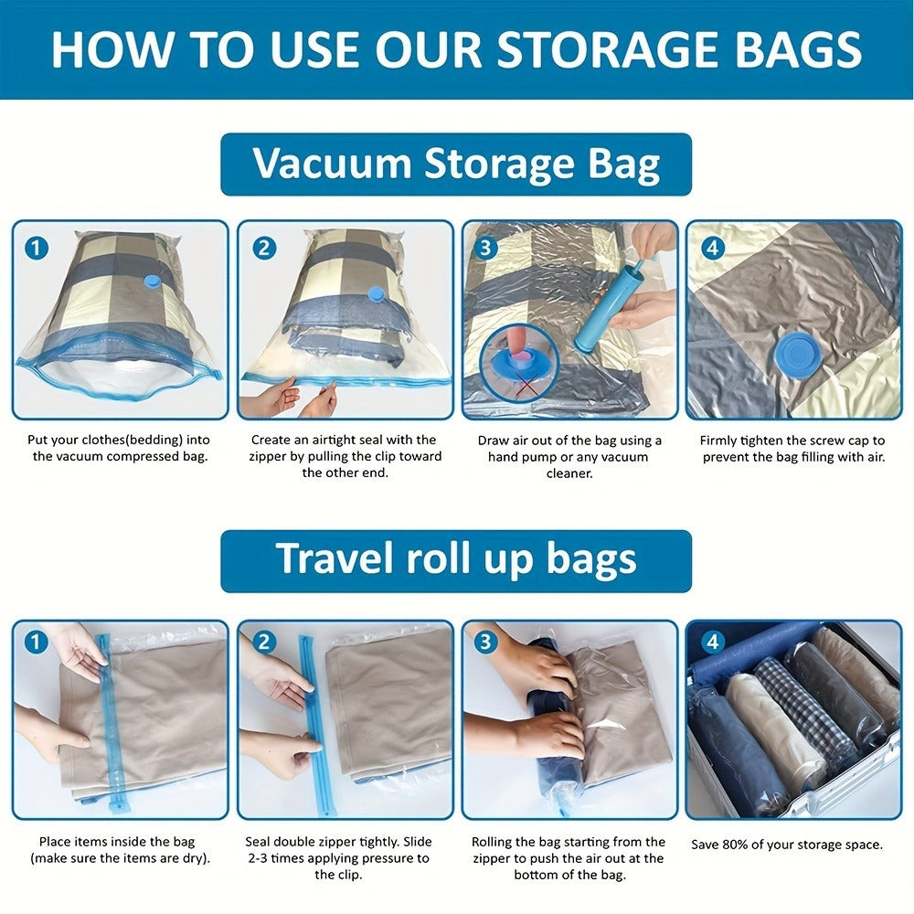 20 piezas de bolsas de almacenamiento de compresión al vacío con bomba manual, varios tamaños, transparentes, recipientes de almacenamiento de plástico sellados para ropa, mantas, camisas, organizador de ahorro de espacio para el hogar