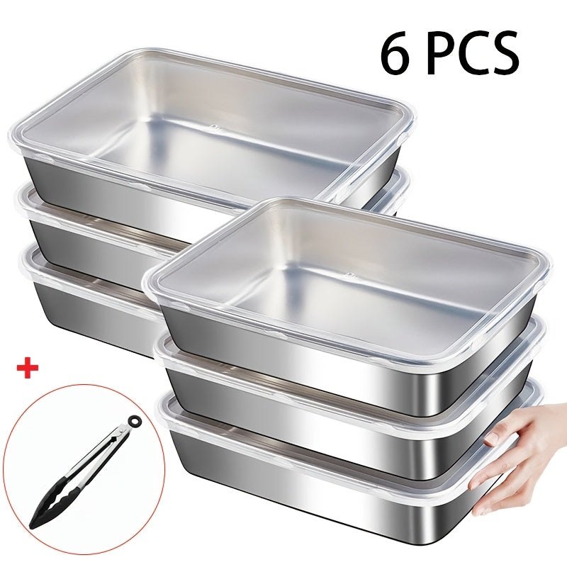 Juego de 6 recipientes de acero inoxidable para alimentos, apilables con tapas, aptos para microondas, con tapa abatible, cuadrados, adecuados para ensaladas, frutas, almacenamiento de alimentos, organizador de cocina, conservación de la frescura en el re