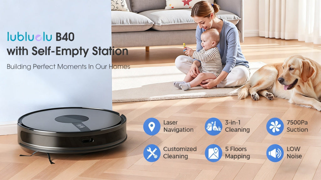 Lubluelu B40 Robot Aspirador y Fregona 3 en 1 | Succión Potente de 7500 Pa, Bajo Ruido de 62 dB, Cuerpo Ultradelgado de 9.98 cm, Mapeo de 5 Pisos, Modos de Limpieza Diversificados, Ideal para Pelo de Mascota, Alfombra y Suelo Duro, Regalos Ideales de Navi