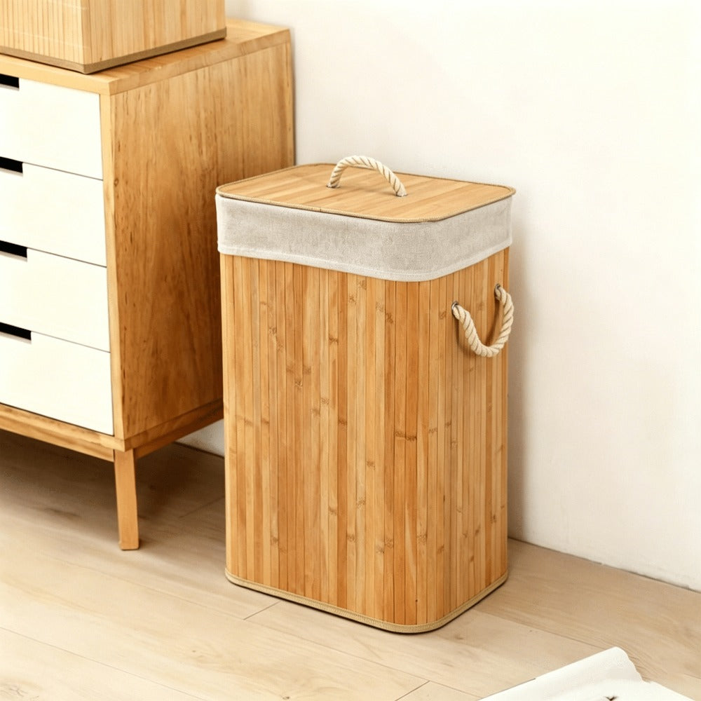 Cesta de bambú para la colada, Cuadrado de 72 litros / Redondo de 55 litros, con saco interior extraíble 1 compartimento con tapa removible y asas, para Lavandería, Dormitorio