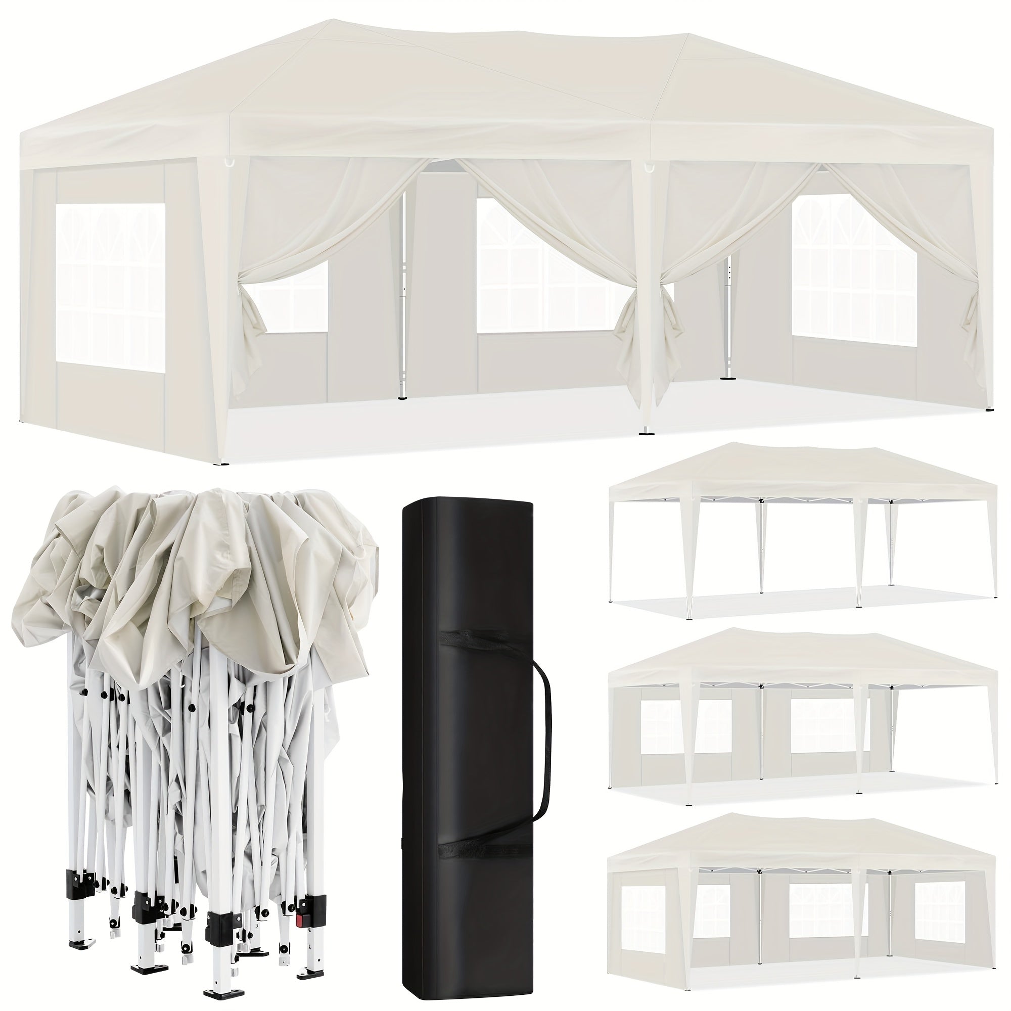 Toldo plegable de exterior de 1 pieza de 3 x 6 metros, toldo para exteriores, carpa de recepción portátil, cenador de metal, refugio, equipado con 6 paredes laterales y 4 ventanas, resistente al viento, protección UV, fácil de instalar, resistente y durad