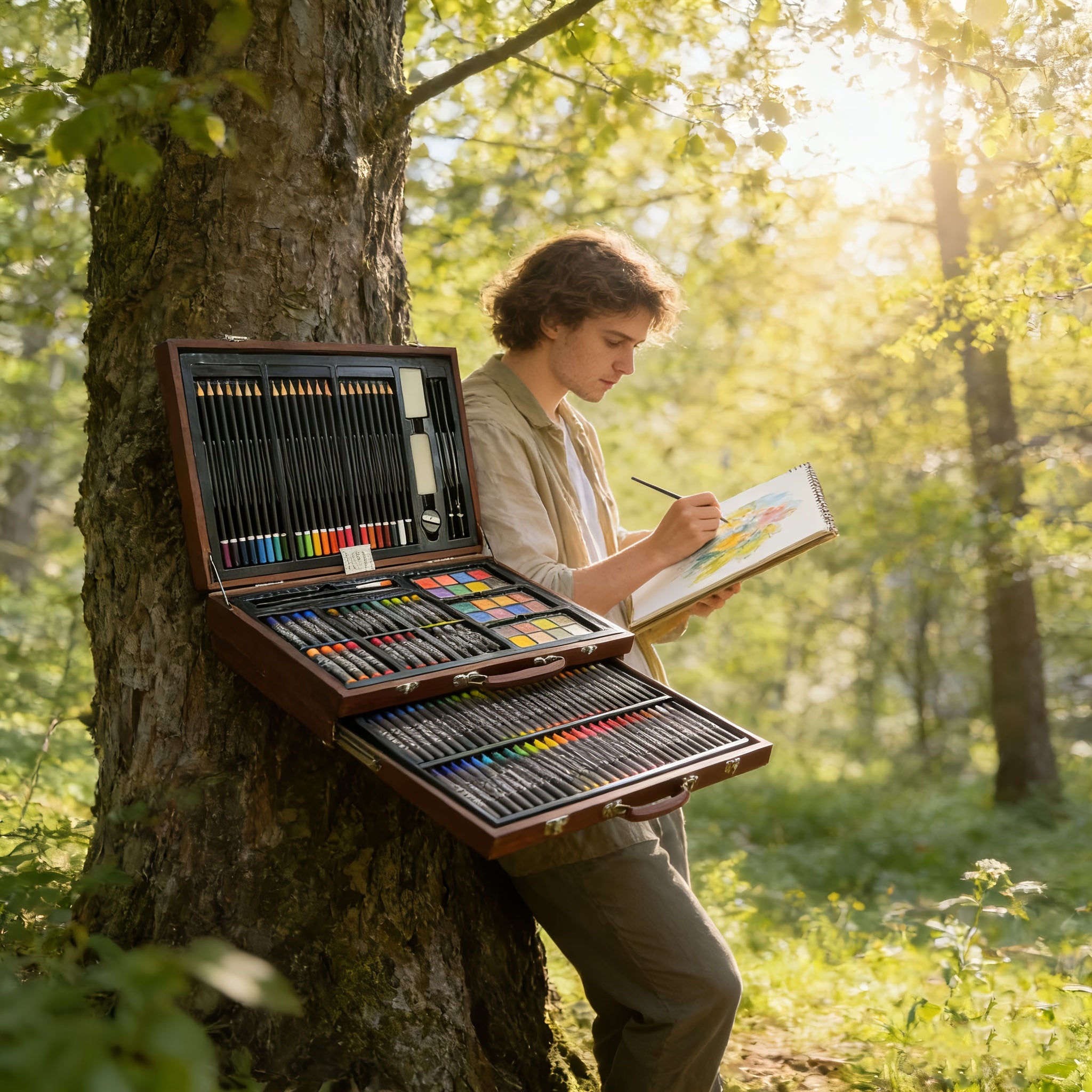 Set de Arte de Lujo (Incluye Dibujos y Lápices de Colores en una Caja de Almacenamiento de Madera), Set de Herramientas de Arte Profesional para Adultos, Suministros para Pintar para Artistas, Ideal para Bocetos al Aire Libre, Perfecto como Regalo para Fe