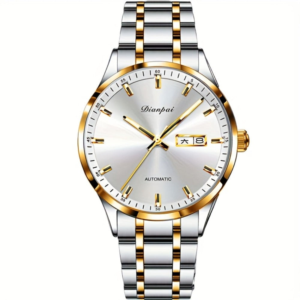 Un reloj de hombre tradicional y sofisticado con un calendario luminoso, fabricado con una correa de acero inoxidable, lo que lo convierte en un regalo ideal para hombres. El reloj mecánico automático Dianpai para negocios, sin batería.