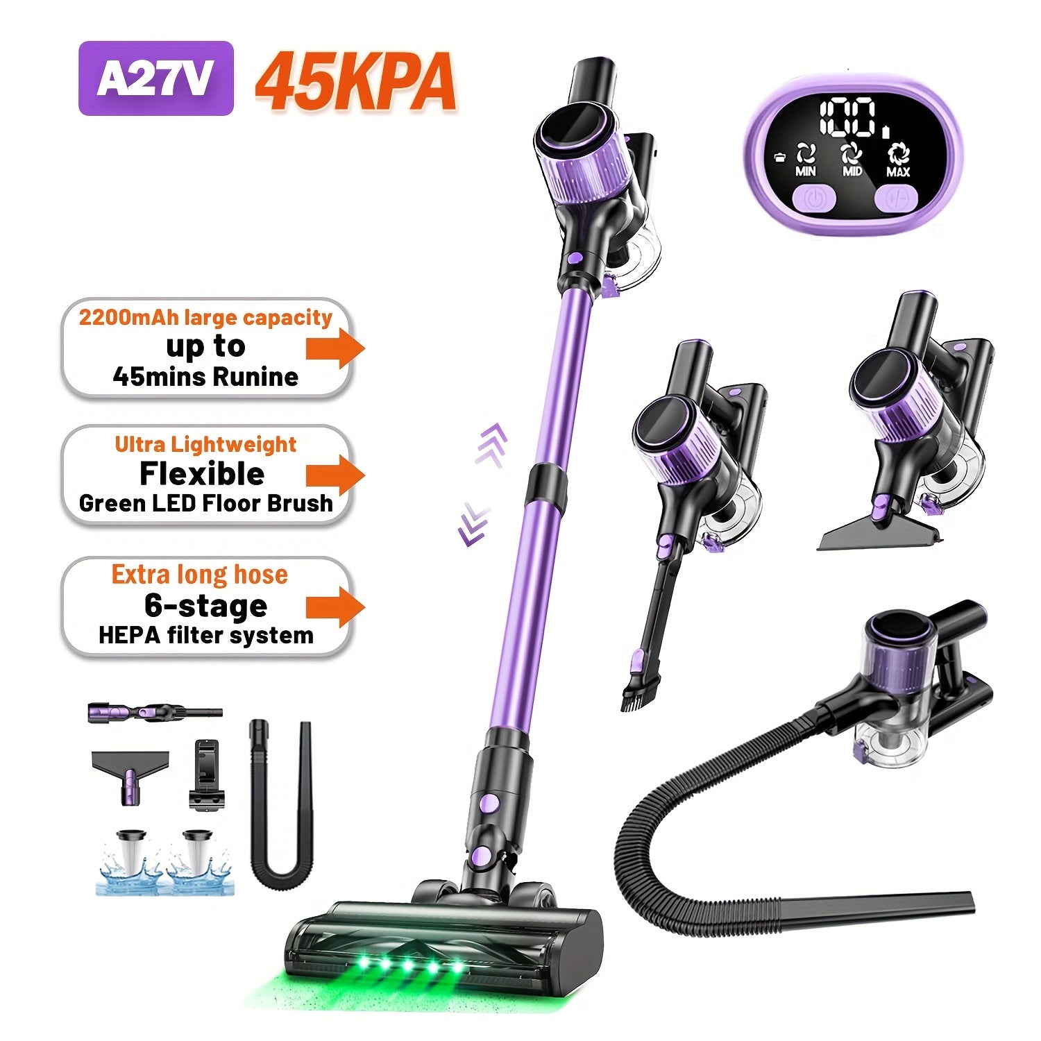 Aspiradora Inalámbrica de Alta Succión para el Hogar, Aspiradora Multiusos 10 en 1 con Cañón, Autonomía de 45 Minutos, 3 Modos de Succión con Luces LED Verdes Mejoradas y Cepillo Sin Enredos para Hogar, Pisos de Madera, Alfombras y Pelo de Mascotas