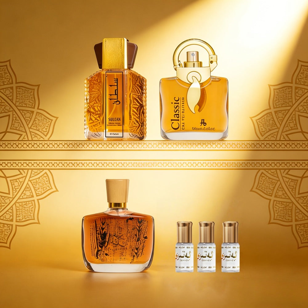 Seis Botellas (3.38 Fl Oz X 3 Y 0.1 Fl Oz X 3) Arabian Series Eau De Toilette - Woody Exotic - Fragancia de Larga Duración, Unisex, Adecuado para Todas las Ocasiones. El Set de Regalo Perfecto para el Día a Día/Festividades para Tú o Otros