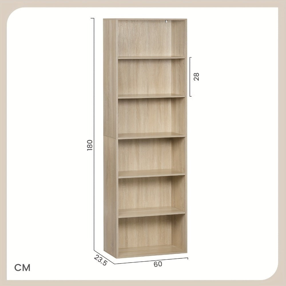 Estantería Ajustable de 6 Niveles | Estante de Almacenamiento Independiente Abierto, Estante de Partición, Adecuado para Oficina y Estudio, Roble Claro y Blanco, Dimensiones: 60x180x23.5 cm, Independiente, Requiere Montaje