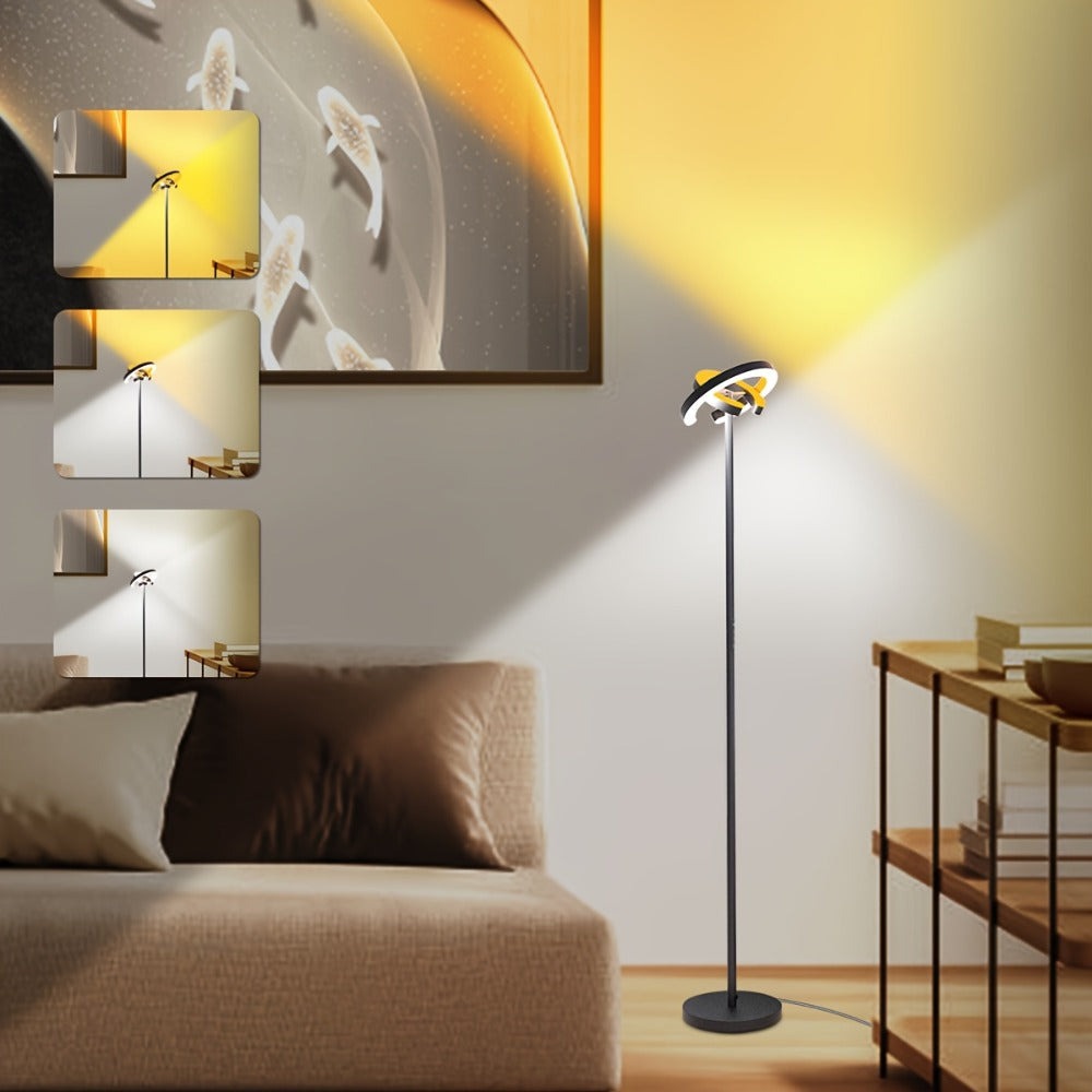 Lámpara de pie para sala de estar, 36 W LED con control remoto, doble anillo giratorio de 312°, luz ajustable de 1900 K a 6500 K, 3 modos de iluminación, adecuada para lámparas de pie modernas en dormitorios, oficinas y hoteles, 192 cm, negro
