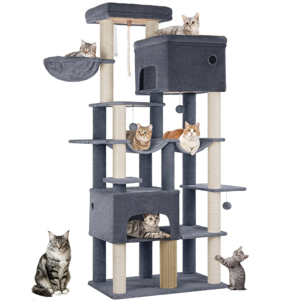 Poste Rascador para Gatos 200cm XXL, Incluye 10 Postes Rascadores, 2 Camas para Gatos, 2 Hamacas, Plataforma Grande, Cepillo para Gatos, Cesta, Árbol para Gatos de Alta Resistencia, Adecuado para Maine Coons y Gatos Grandes, Gris Claro, Gris Oscuro, Beige