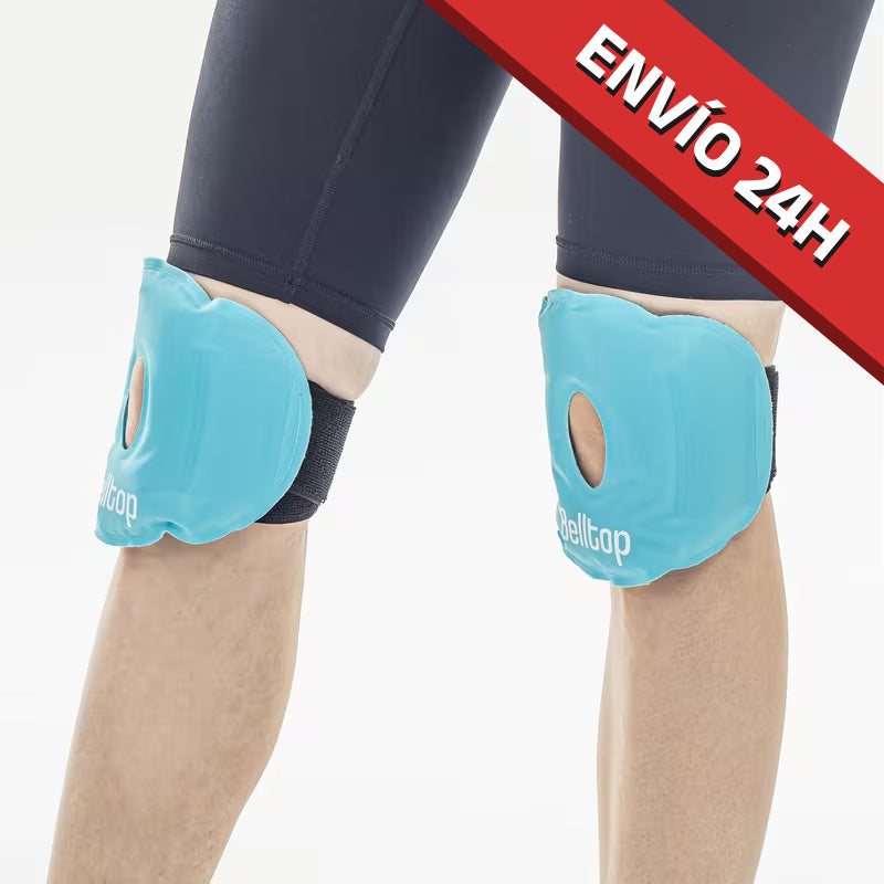 Pack de 2 x Rodillera térmica - bolsa gel frío para lesiones. Hielo para lesiones reutilizable (rodillera ligamento y menisco) con banda ajustable. Rodillera frio calor