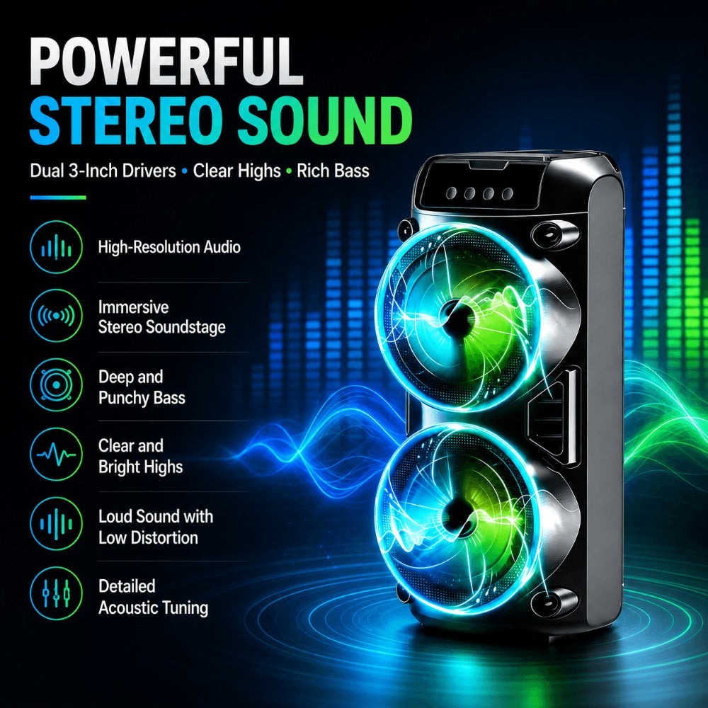 Altavoz Inalámbrico Portátil con Subwoofers Duales de 3 Pulgadas para Bajos Potentes, Radio FM, Luces LED para Fiestas, Micrófono Incorporado y Altavoces de Alto Volumen. Ideal para Uso Doméstico, Cumpleaños, Camping, Día de San Valentín, Pascua, Día de l