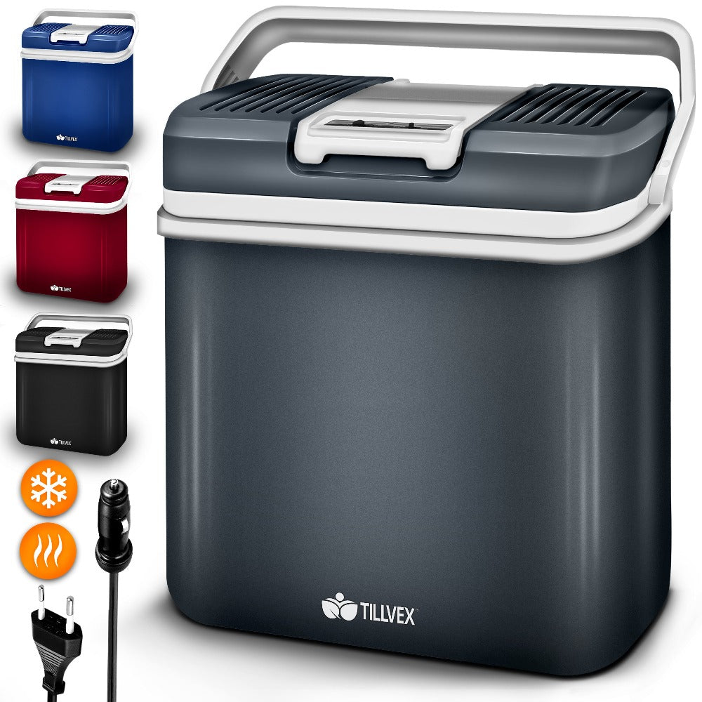 Tillvex® Caja Enfriadora Eléctrica 24L | Mini Nevera 230V & 12V para Coche, Auto, Camping | Caja Térmica Aislada para Enfriar y Calentar | Caja Calentadora con Asa de Transporte y Modo ECO TVKB24-01