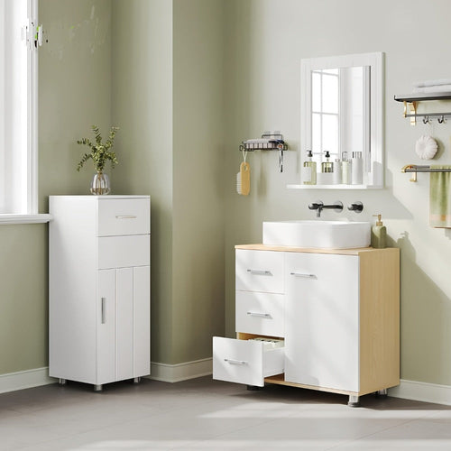 1pc Armario de Medicina, Tocador con 3 Cajones, Gabinete con 2 Compartimentos, Armario para Baño con Estante Ajustable, 60 x 60 x 30 cm, Blanco + Gris/Blanco/Blanco + Roble