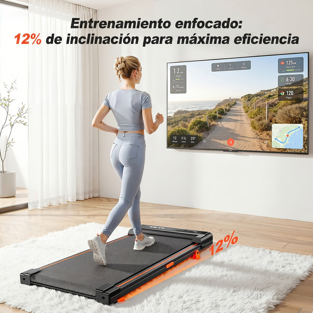 Alfombra de caminar con inclinación del 12%, quema 50% más de calorías, alfombra de caminar para escritorio, máquina de caminar portátil silenciosa de 30Db con carga de 100KG para fitness en casa, sin batería