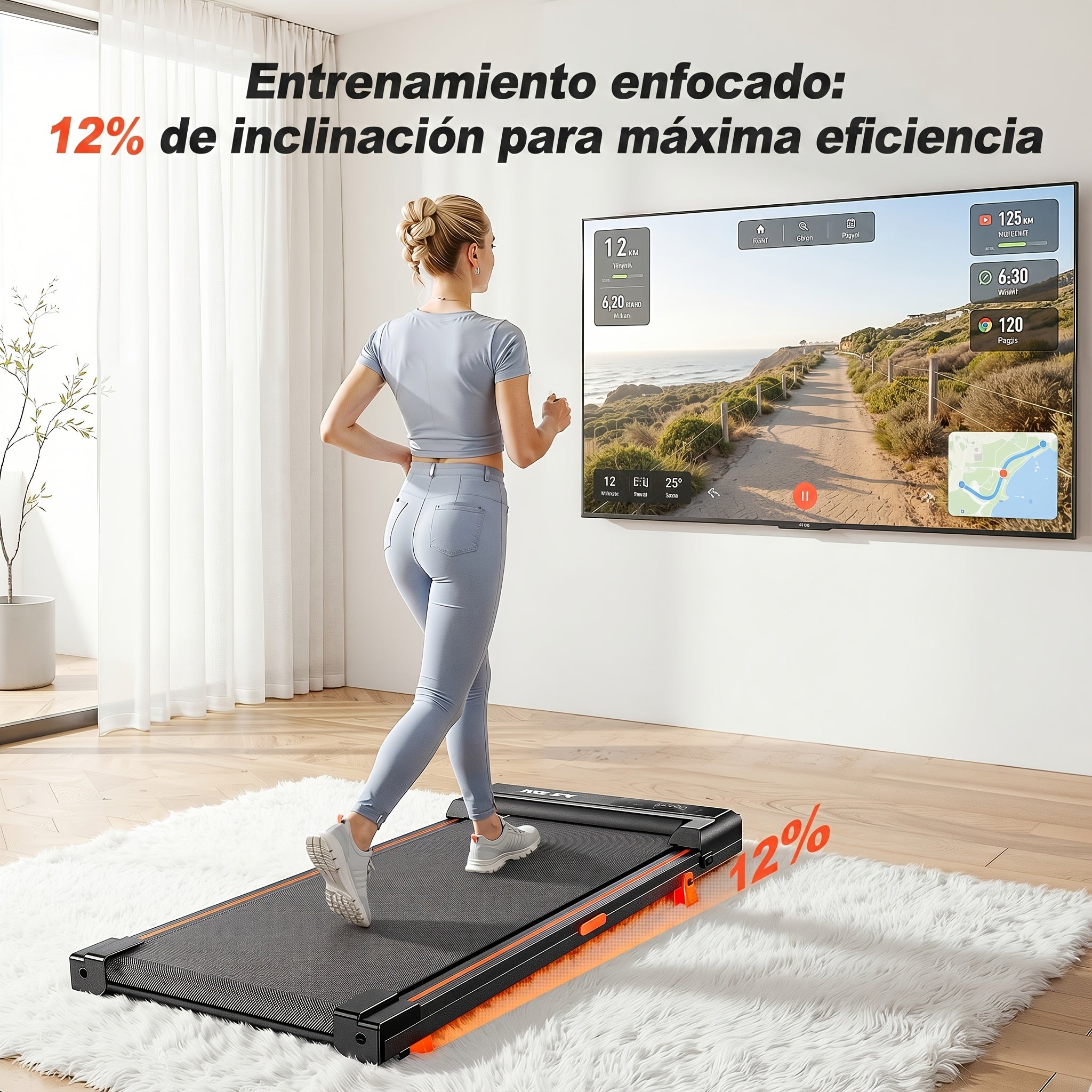 Alfombra de caminar con inclinación del 12%, quema 50% más de calorías, alfombra de caminar para escritorio, máquina de caminar portátil silenciosa de 30Db con carga de 100KG para fitness en casa, sin batería