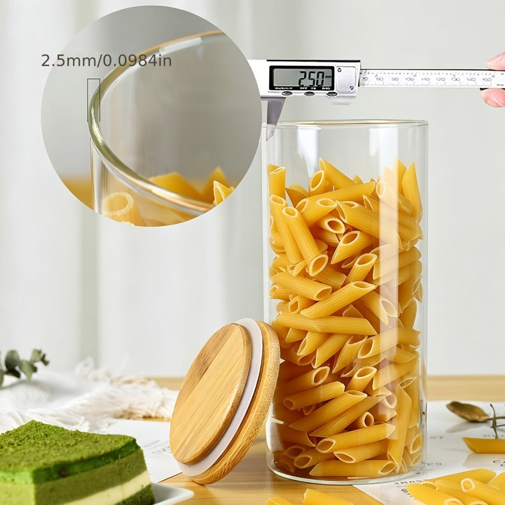 Juego de 3/4 tarros de cristal para almacenamiento de cocina, redondos y cilíndricos con tapa de bambú. 1.3L (44oz)/2L (67oz). Hechos de vidrio de borosilicato de alta resistencia, ligeros y duraderos, aptos para lavavajillas. Adecuados para pasta, frutos