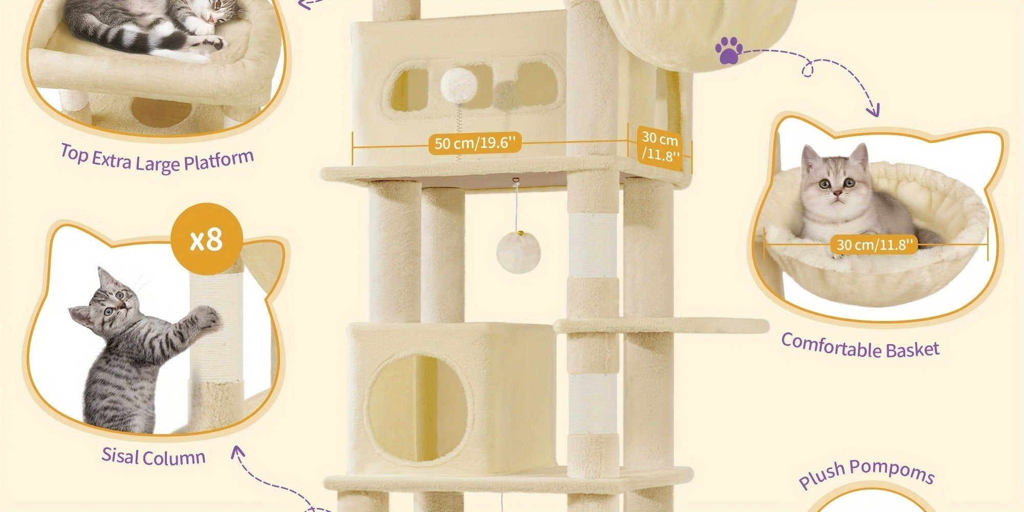 Torre para gatos de interior, 170 cm de alto, casa espaciosa de varios niveles con condominio, 8 postes para rascar, una hamaca y 4 pompones