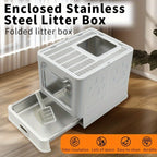 Arenero para gatos de acero inoxidable con entrada frontal y salida superior, diseñado para facilitar la limpieza, ideal para gatos y otras mascotas