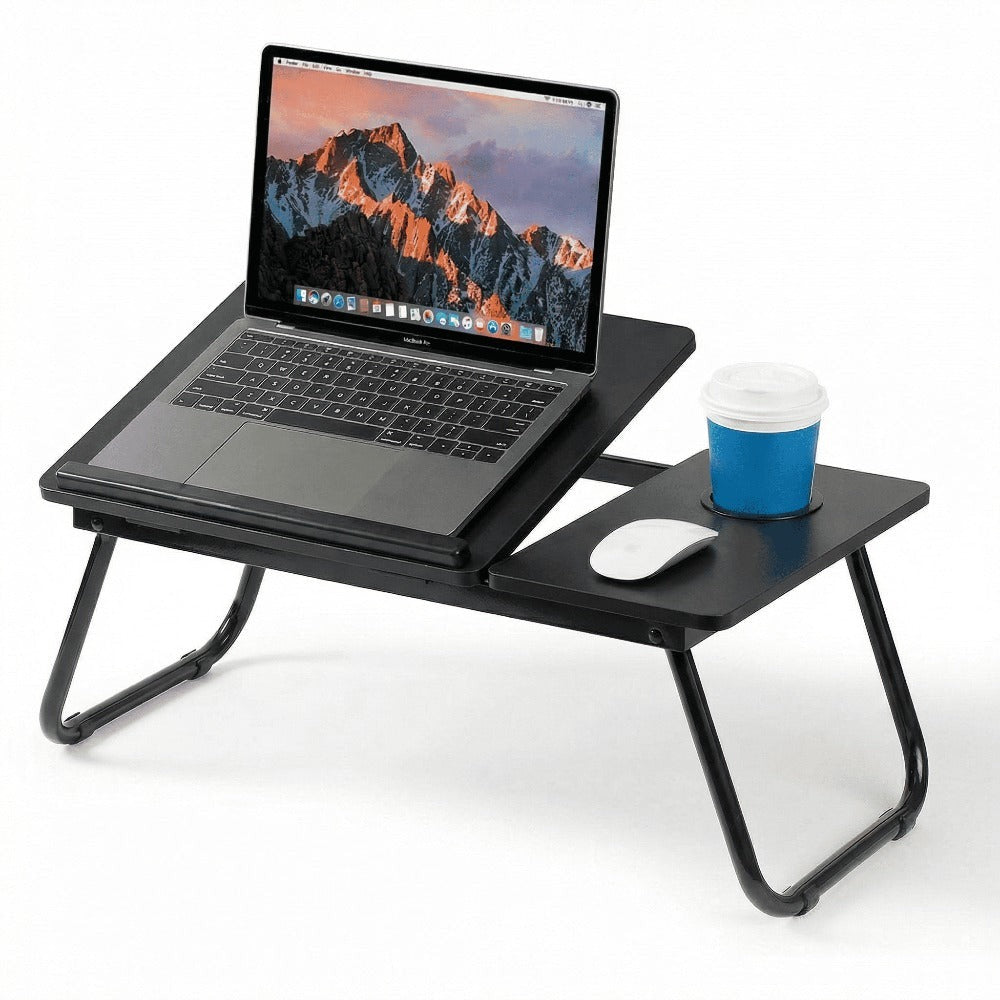 Mesa plegable para cama y sofá con altura ajustable de 5 niveles, bandeja con superficie ajustable y portavasos, mesa pequeña multifunción para ordenador, libros, trabajo y estudio en casa (56x32x25cm)