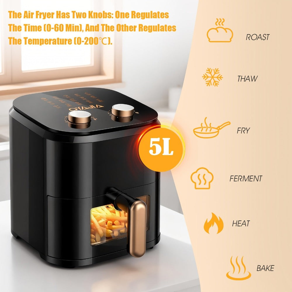 Freidora de Aire de 5L para 2-3 Personas, Freidora de Aire Pequeña con 15 Opciones de Menú, Temporizador Manual de Doble Perilla, Temporizador, Circulación Rápida de Aire 3D, Antiadherente, Cesta apta para Lavavajillas, Cocina Saludable sin Aceite