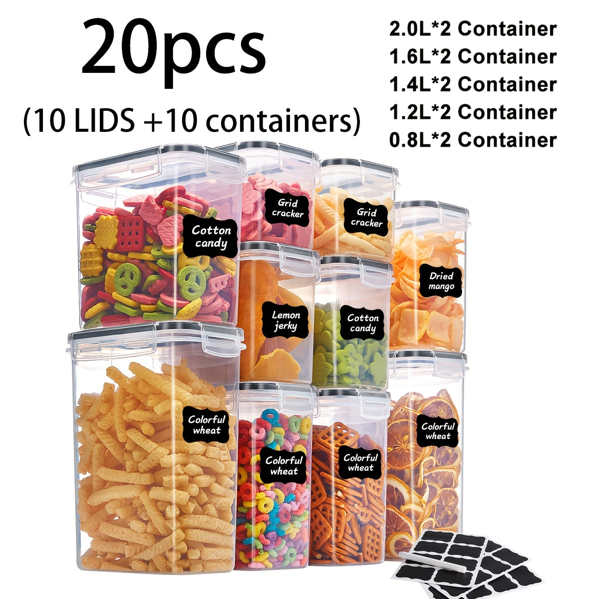 Contenedores Sellados para Alimentos 48/20 piezas, Organizador y Almacenamiento de Gabinetes de Cocina de Múltiples Tamaños, Latas de Plástico Sanas para Granos, Harina, Azúcar, Pasta, Incluyendo Etiquetas y Marcaciones (24/10 Tapas y 24/10 Frascos)