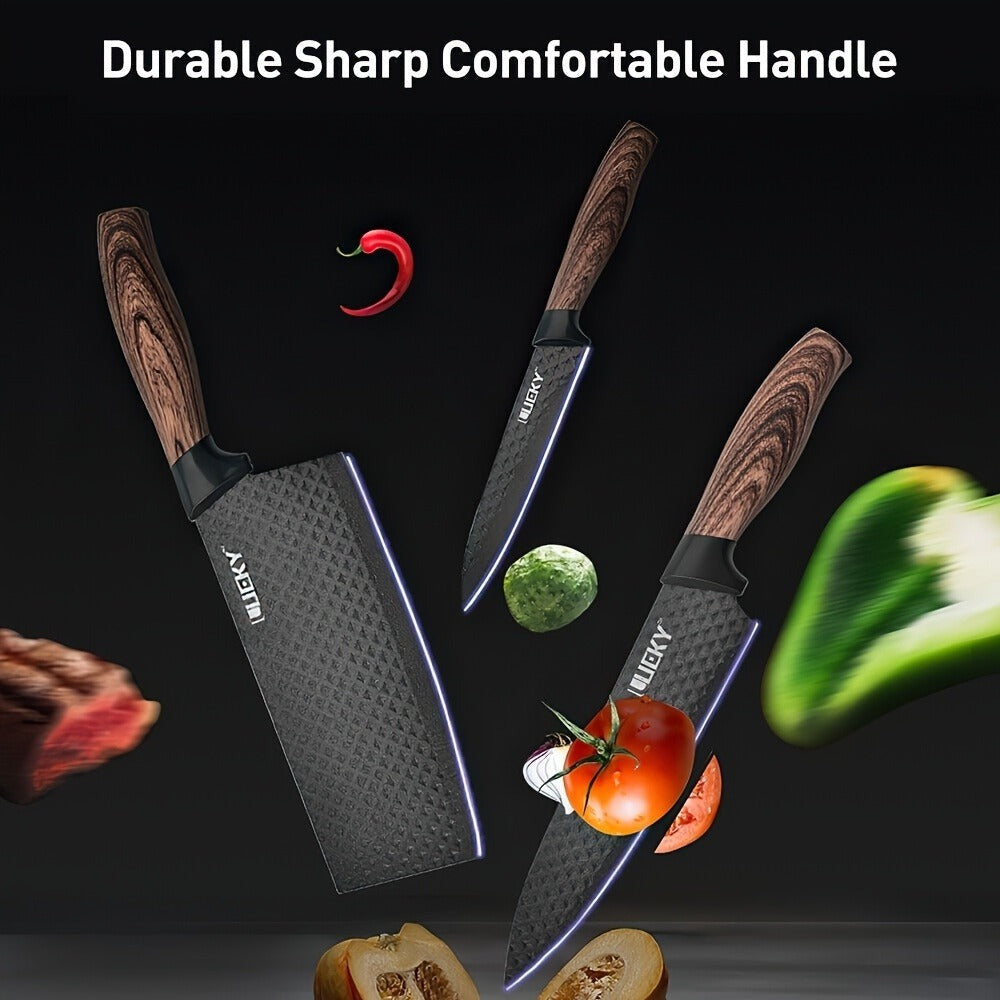 Un juego de 6 cuchillos de cocina para chef con hojas de acero inoxidable, famosos por su filo y durabilidad. Este juego incluye un mango ergonómico, tijeras y un pelador, todos resistentes al óxido y fáciles de mantener.