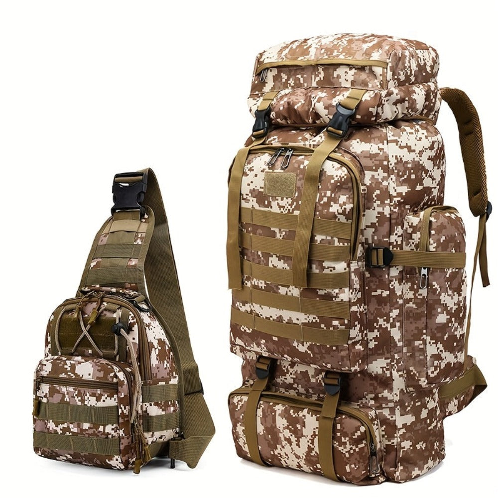 Un conjunto de dos piezas, una mochila para senderismo y montañismo